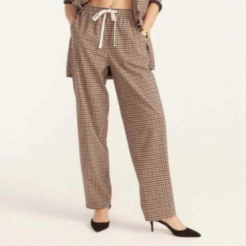 NEW J. Crew Tie-waist straight-leg pants‎ in honey plaid Italian wool Size 00 - Picture 2 of 12